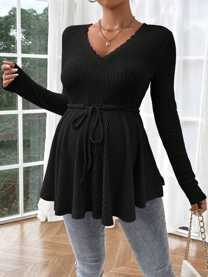 Maternity Khaki Deep V Neck Long Sleeve T-Shirt Loose Fit Belted Flared Hem Knitted Maternity Top for Fall