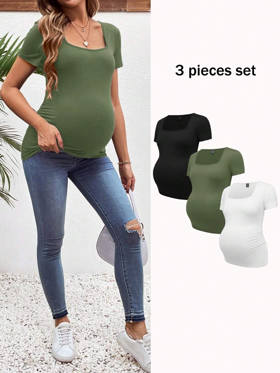 3-Piece Maternity Ribbed Knit Short Sleeve T-Shirt Set - Black White Gray Scoop Neck Fitted Pregnancy Basics