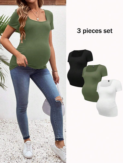 3-Piece Maternity Ribbed Knit Short Sleeve T-Shirt Set - Black White Gray Scoop Neck Fitted Pregnancy Basics