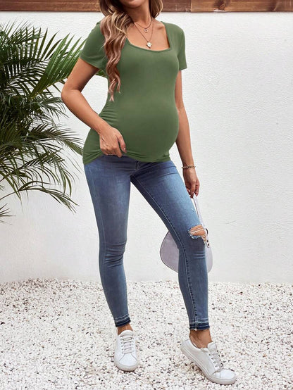 3-Piece Maternity Ribbed Knit Short Sleeve T-Shirt Set - Black White Gray Scoop Neck Fitted Pregnancy Basics