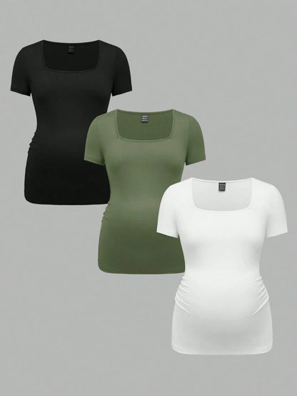3-Piece Maternity Ribbed Knit Short Sleeve T-Shirt Set - Black White Gray Scoop Neck Fitted Pregnancy Basics
