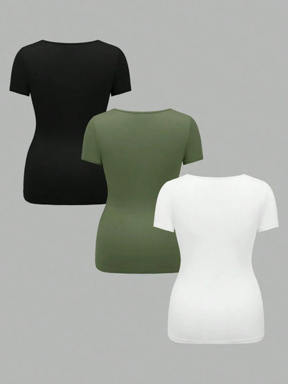 3-Piece Maternity Ribbed Knit Short Sleeve T-Shirt Set - Black White Gray Scoop Neck Fitted Pregnancy Basics