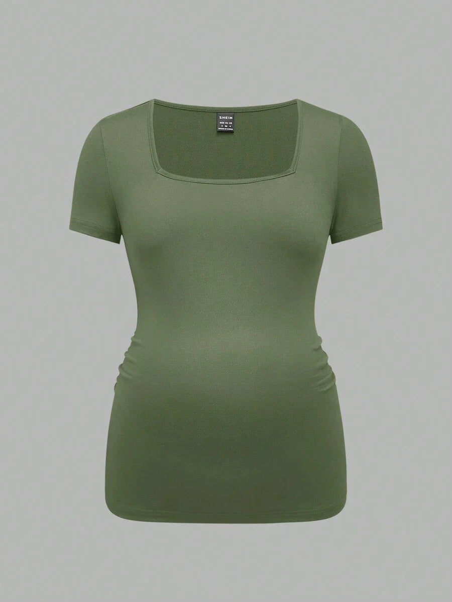 3-Piece Maternity Ribbed Knit Short Sleeve T-Shirt Set - Black White Gray Scoop Neck Fitted Pregnancy Basics