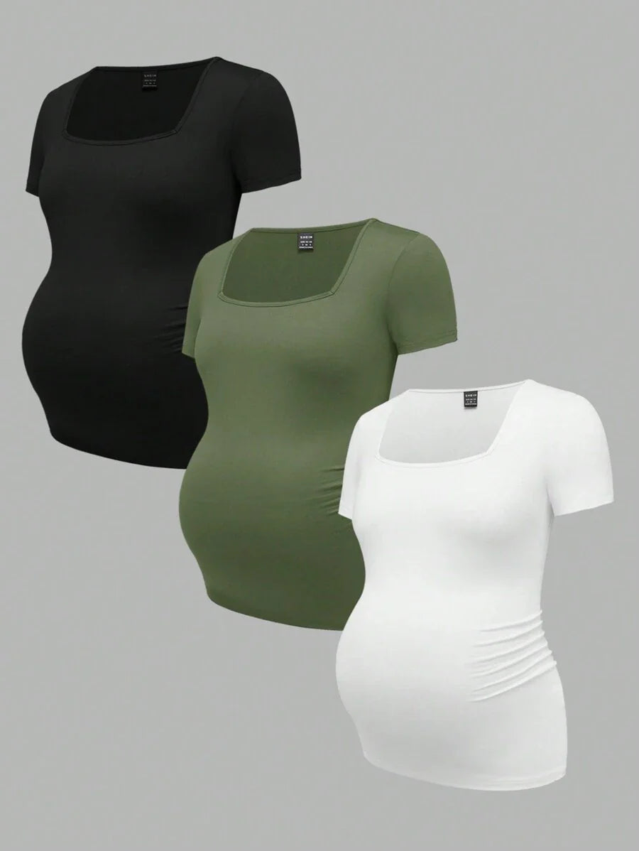 3-Piece Maternity Ribbed Knit Short Sleeve T-Shirt Set - Black White Gray Scoop Neck Fitted Pregnancy Basics