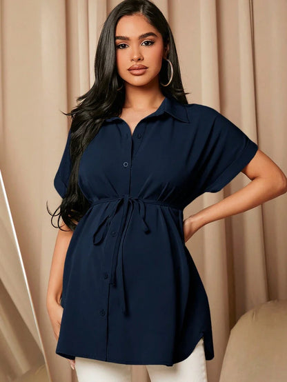 Maternity Batwing Sleeve Belted Shirt - Asymmetrical Button Down Maternity Blouse for Daily Office Wear