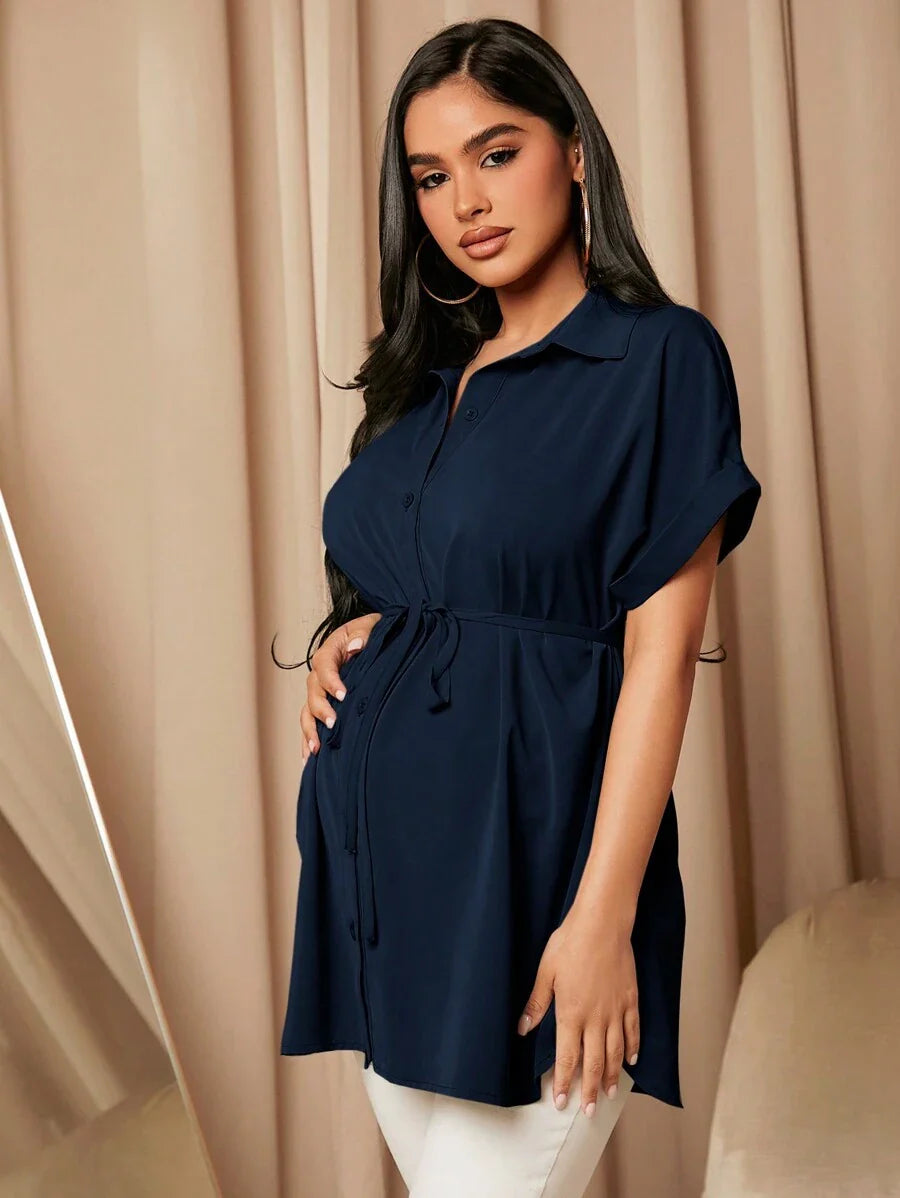 Maternity Batwing Sleeve Belted Shirt - Asymmetrical Button Down Maternity Blouse for Daily Office Wear