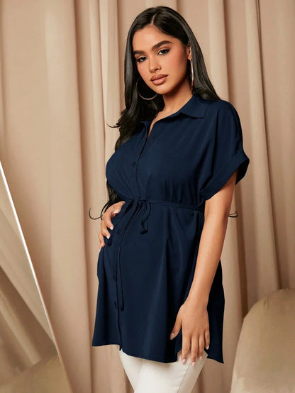 Maternity Batwing Sleeve Belted Shirt - Asymmetrical Button Down Maternity Blouse for Daily Office Wear