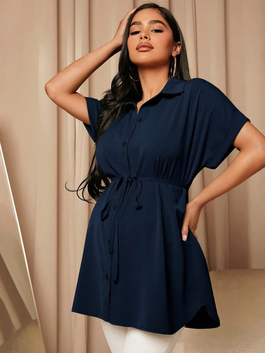 Maternity Batwing Sleeve Belted Shirt - Asymmetrical Button Down Maternity Blouse for Daily Office Wear
