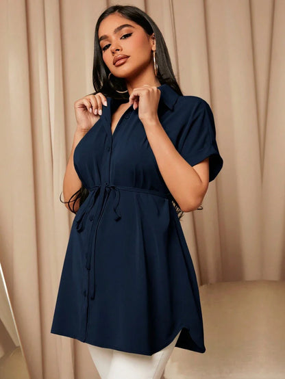 Maternity Batwing Sleeve Belted Shirt - Asymmetrical Button Down Maternity Blouse for Daily Office Wear