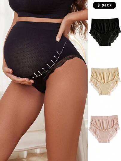 Maternity Underwear Set - Solid Color Lace Trim Casual Comfortable Seamless, Pregnancy