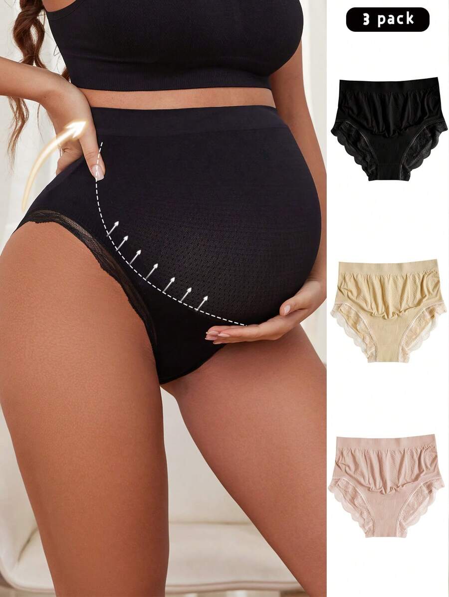 Maternity Underwear Set 3 Pack - Seamless High Waist Lace Trim Soft Stretch, Nursing Daily Wear