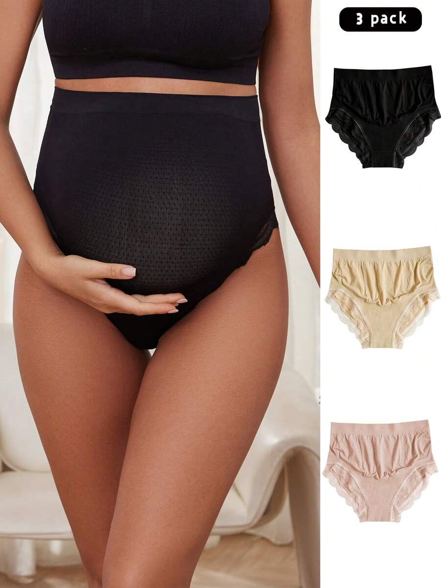 Maternity Underwear Set - Solid Color Lace Trim Casual Comfortable Seamless, Pregnancy