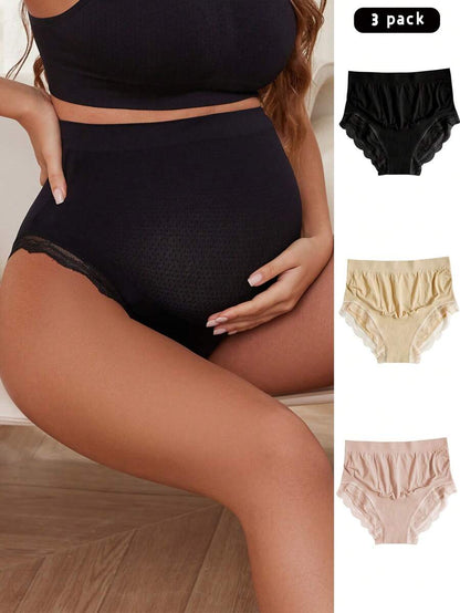 Maternity Underwear Set 3 Pack - Seamless High Waist Lace Trim Soft Breathable, Pregnancy Daily