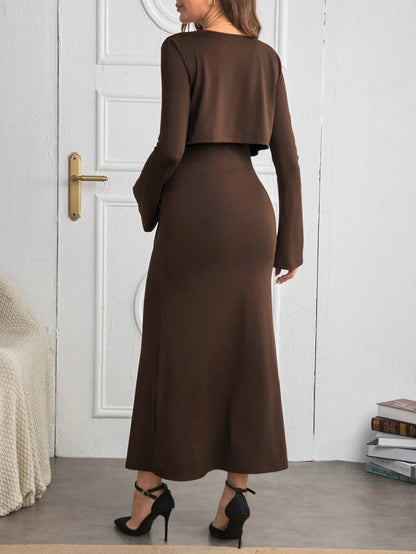 2-Piece Brown Maternity Set: Long Sleeve Cardigan and Sleeveless Rib-Knit Bodycon Midi Dress - Slim Fit Fall Set