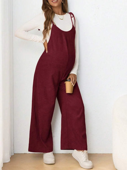 Maternity Casual Spaghetti Strap Bow Knot Long Jumpsuit Mocha Brown Regular Fit Sleeveless Overall for Daily Wear and Easter
