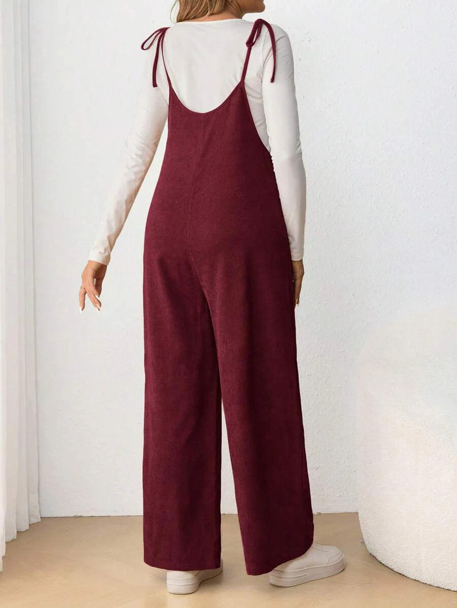 Maternity Casual Spaghetti Strap Bow Knot Long Jumpsuit Mocha Brown Regular Fit Sleeveless Overall for Daily Wear and Easter