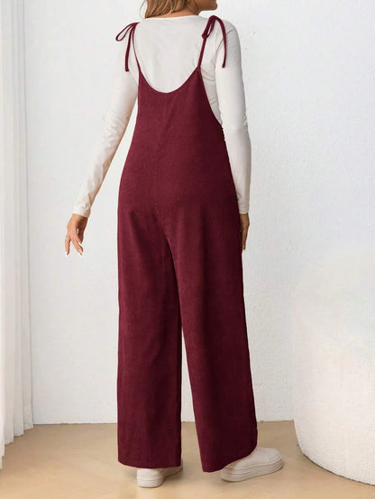 Maternity Casual Spaghetti Strap Bow Knot Long Jumpsuit Mocha Brown Regular Fit Sleeveless Overall for Daily Wear and Easter