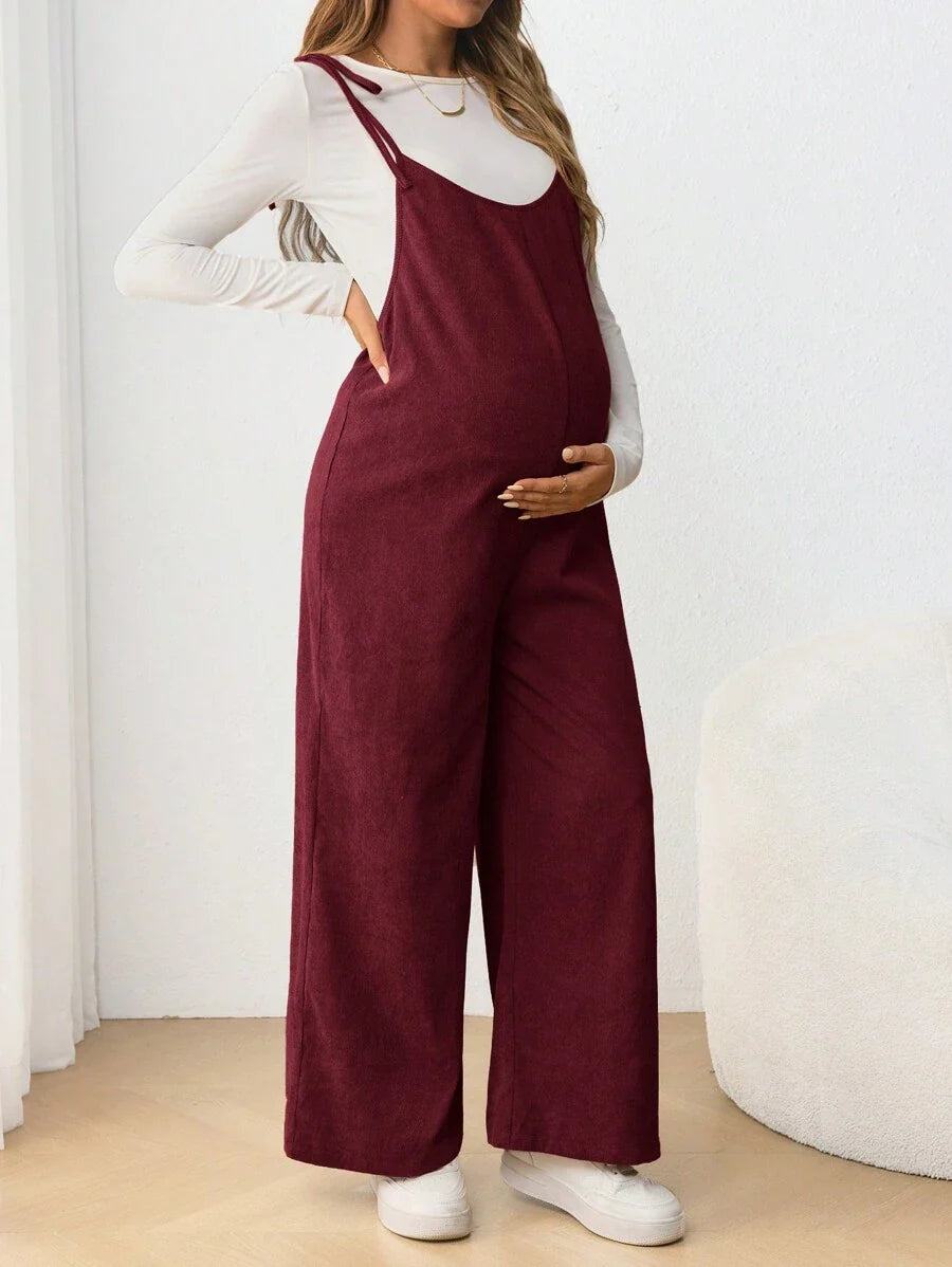 Maternity Casual Spaghetti Strap Bow Knot Long Jumpsuit Mocha Brown Regular Fit Sleeveless Overall for Daily Wear and Easter