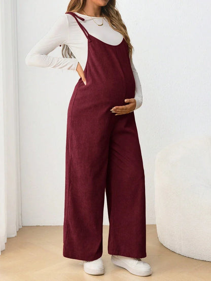 Maternity Casual Spaghetti Strap Bow Knot Long Jumpsuit Mocha Brown Regular Fit Sleeveless Overall for Daily Wear and Easter