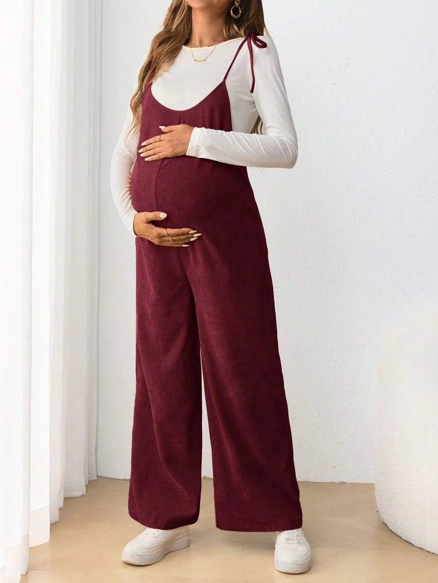 Maternity Casual Spaghetti Strap Bow Knot Long Jumpsuit Mocha Brown Regular Fit Sleeveless Overall for Daily Wear and Easter