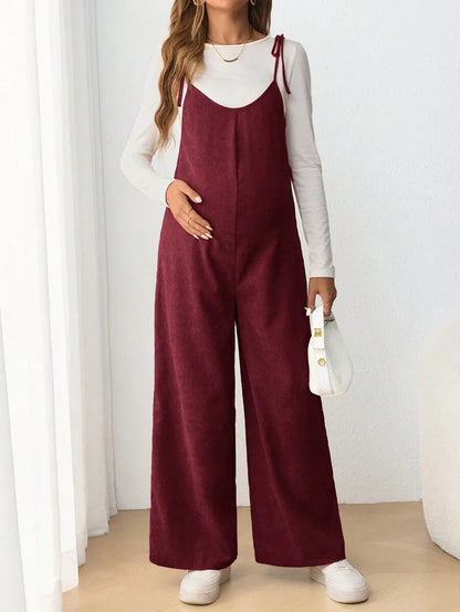 Maternity Casual Spaghetti Strap Bow Knot Long Jumpsuit Mocha Brown Regular Fit Sleeveless Overall for Daily Wear and Easter