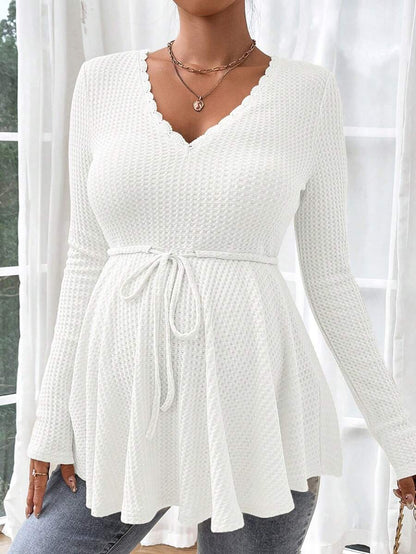 Maternity Khaki Deep V Neck Long Sleeve T-Shirt Loose Fit Belted Flared Hem Knitted Maternity Top for Fall