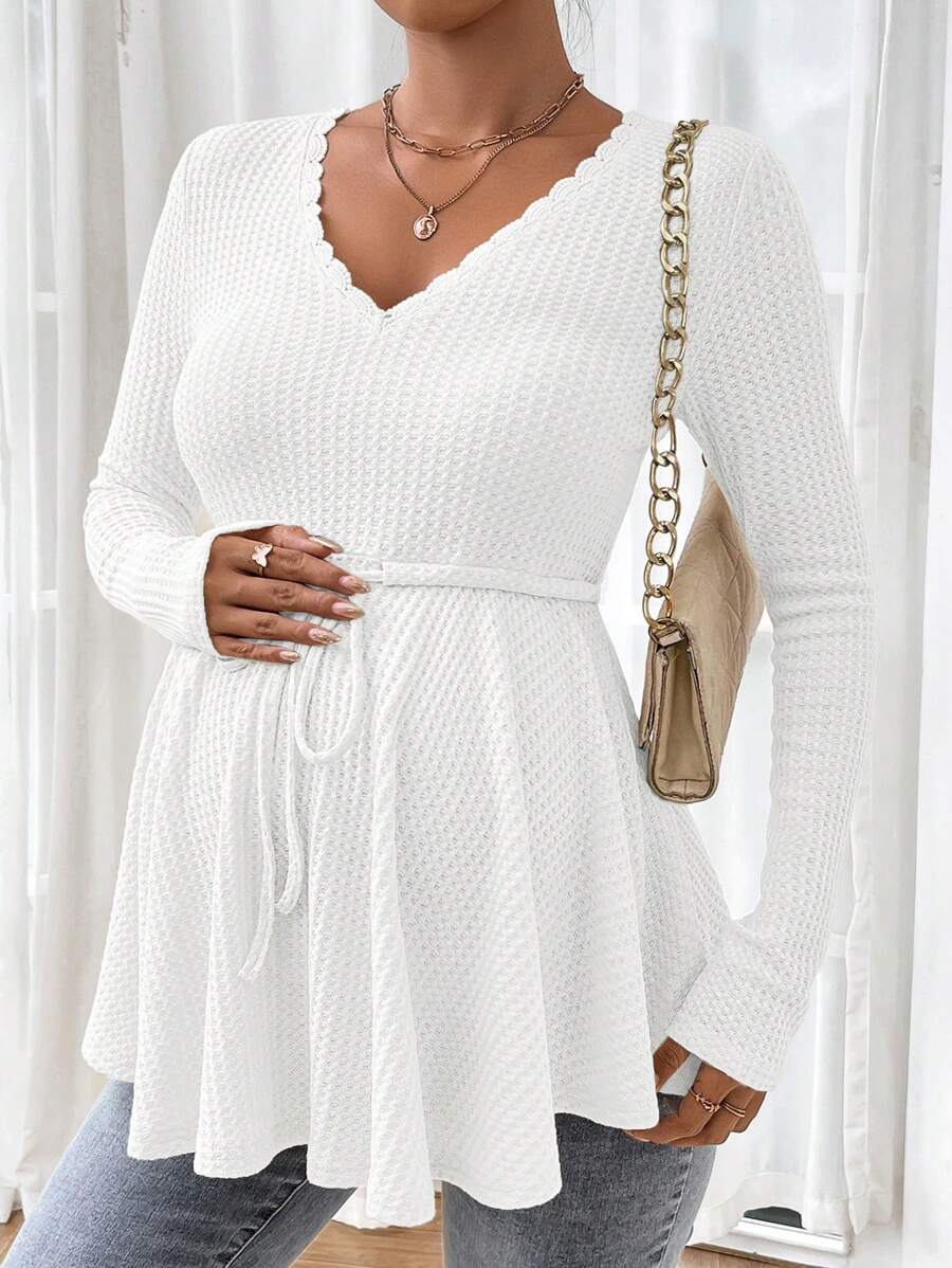 Maternity Khaki Deep V Neck Long Sleeve T-Shirt Loose Fit Belted Flared Hem Knitted Maternity Top for Fall