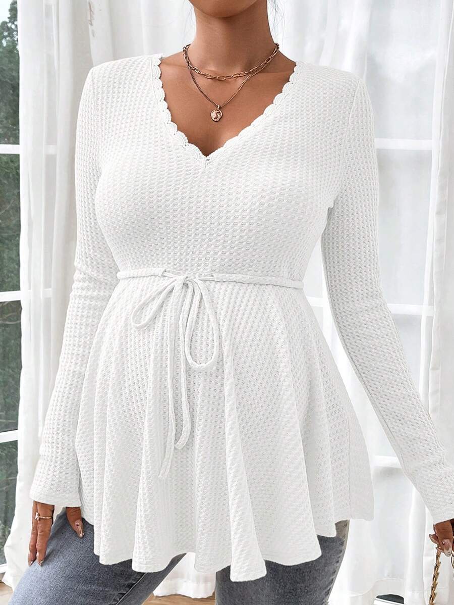 Maternity Khaki Deep V Neck Long Sleeve T-Shirt Loose Fit Belted Flared Hem Knitted Maternity Top for Fall