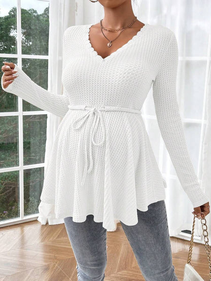 Maternity Khaki Deep V Neck Long Sleeve T-Shirt Loose Fit Belted Flared Hem Knitted Maternity Top for Fall