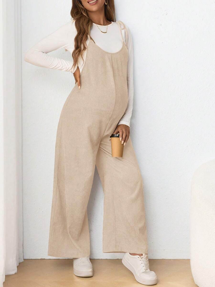 Maternity Casual Spaghetti Strap Bow Knot Long Jumpsuit Mocha Brown Regular Fit Sleeveless Overall for Daily Wear and Easter