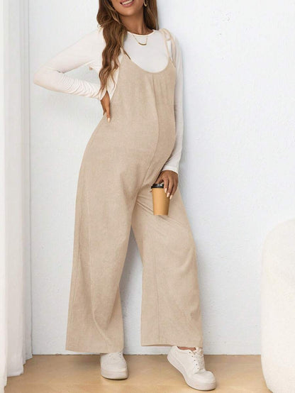Maternity Casual Spaghetti Strap Bow Knot Long Jumpsuit Mocha Brown Regular Fit Sleeveless Overall for Daily Wear and Easter