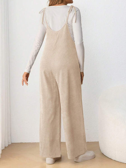 Maternity Casual Spaghetti Strap Bow Knot Long Jumpsuit Mocha Brown Regular Fit Sleeveless Overall for Daily Wear and Easter