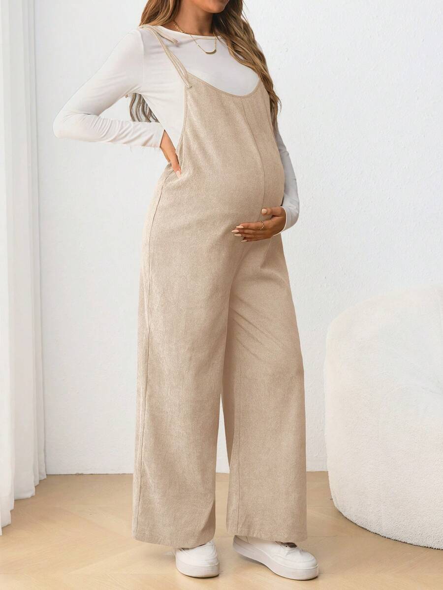 Maternity Casual Spaghetti Strap Bow Knot Long Jumpsuit Mocha Brown Regular Fit Sleeveless Overall for Daily Wear and Easter
