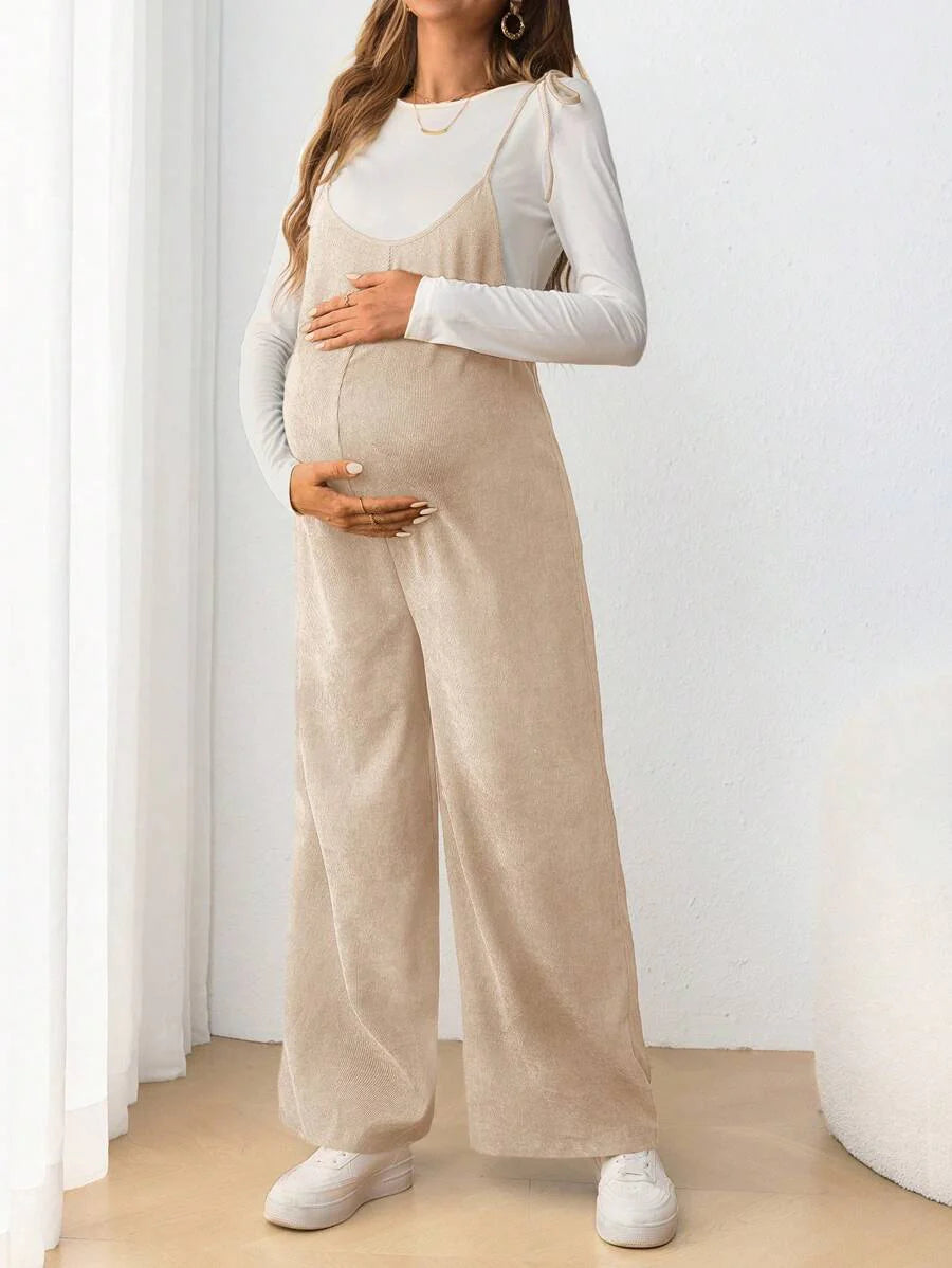 Maternity Casual Spaghetti Strap Bow Knot Long Jumpsuit Mocha Brown Regular Fit Sleeveless Overall for Daily Wear and Easter