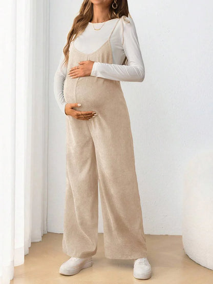 Maternity Casual Spaghetti Strap Bow Knot Long Jumpsuit Mocha Brown Regular Fit Sleeveless Overall for Daily Wear and Easter
