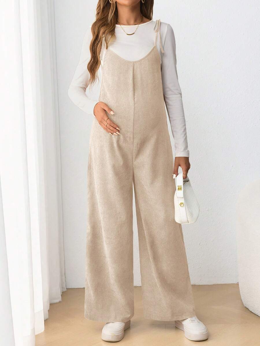 Maternity Casual Spaghetti Strap Bow Knot Long Jumpsuit Mocha Brown Regular Fit Sleeveless Overall for Daily Wear and Easter