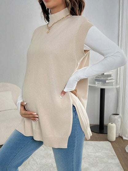 Women's Maternity Loose Knitted Sweater with Side Slit - Casual Autumn Pullover