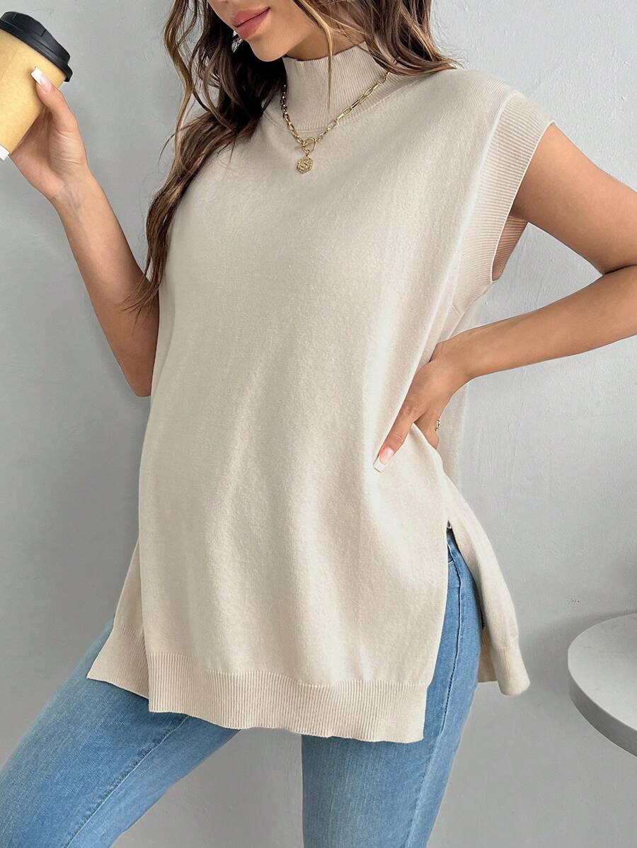 Women's Maternity Loose Knitted Sweater with Side Slit - Casual Autumn Pullover
