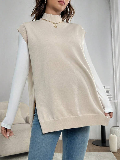 Women's Maternity Loose Knitted Sweater with Side Slit - Casual Autumn Pullover