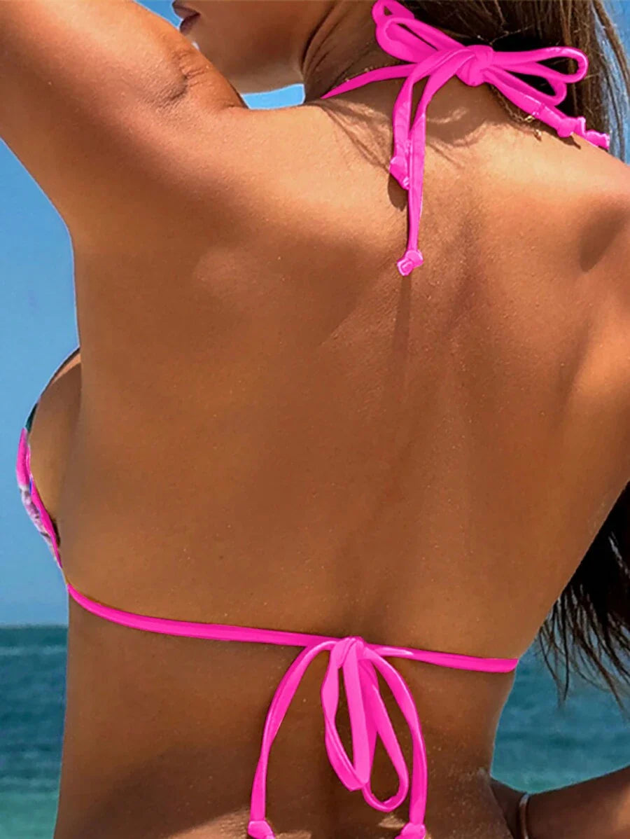 Swim Vcay Women's Tropical Plant Print Halter Neck Tie Sexy Bikini Set For Summer Beach, Random Print