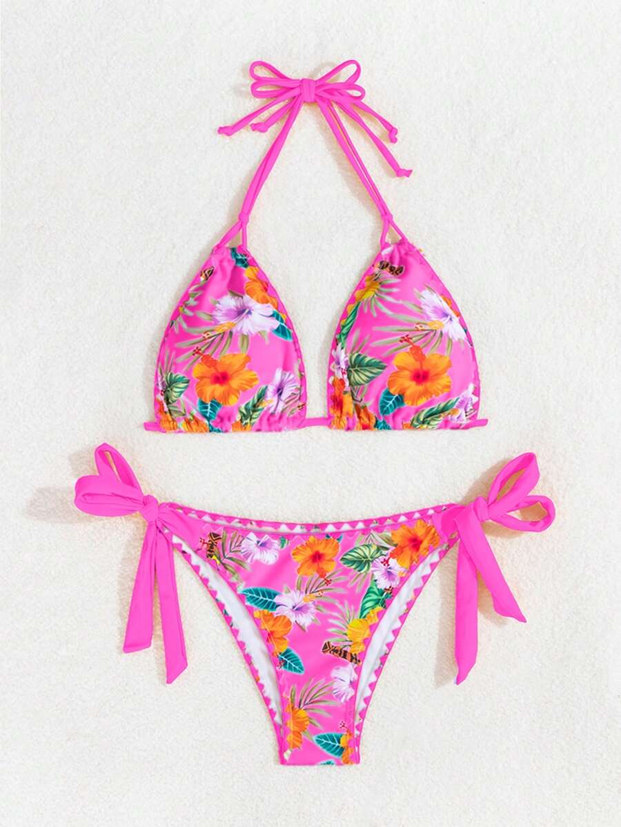 Swim Vcay Women's Tropical Plant Print Halter Neck Tie Sexy Bikini Set For Summer Beach, Random Print