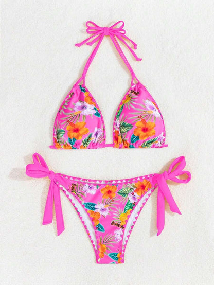 Swim Vcay Women's Tropical Plant Print Halter Neck Tie Sexy Bikini Set For Summer Beach, Random Print