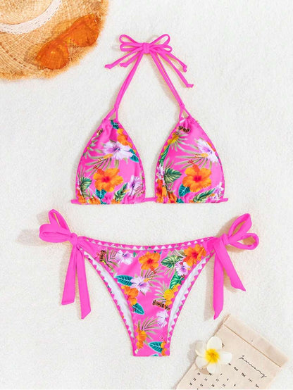 Swim Vcay Women's Tropical Plant Print Halter Neck Tie Sexy Bikini Set For Summer Beach, Random Print