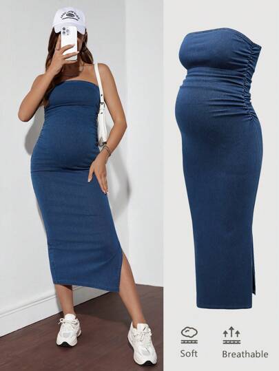 Maternity Denim Bodycon Dress - Strapless, Ruched, Slim Fit, High Stretch, Blue