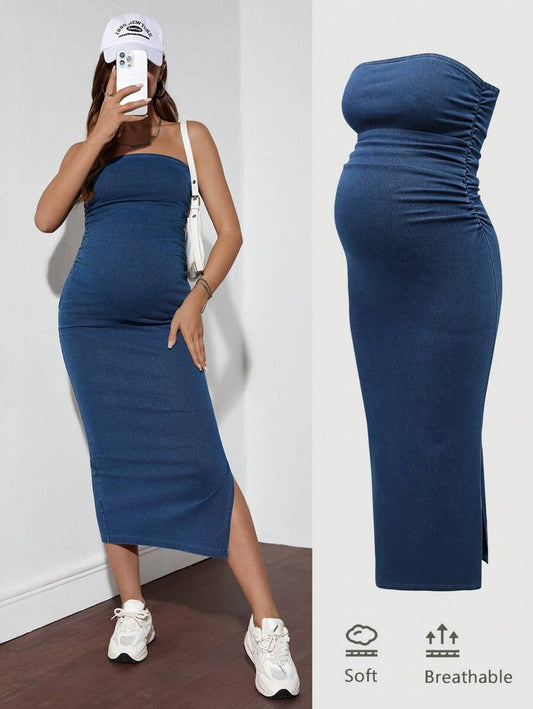 Maternity Denim Bodycon Dress - Strapless, Ruched, Slim Fit, High Stretch, Blue