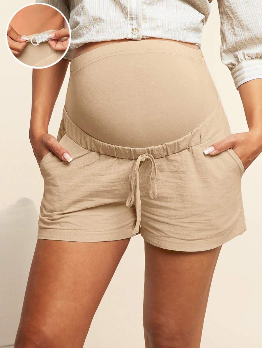 Maternity Casual High Waisted Army Green Cotton Knit Shorts with Elastic Waist and Button Detail - Soft Comfortable Pregnancy Fit