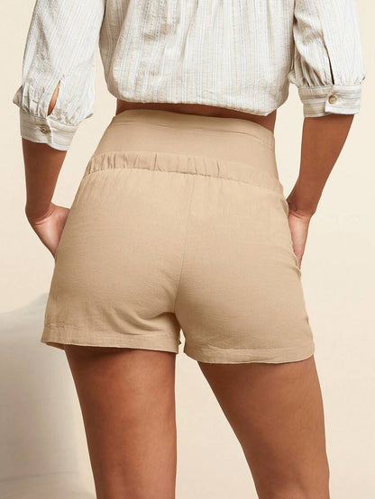 Maternity Casual High Waisted Army Green Cotton Knit Shorts with Elastic Waist and Button Detail - Soft Comfortable Pregnancy Fit