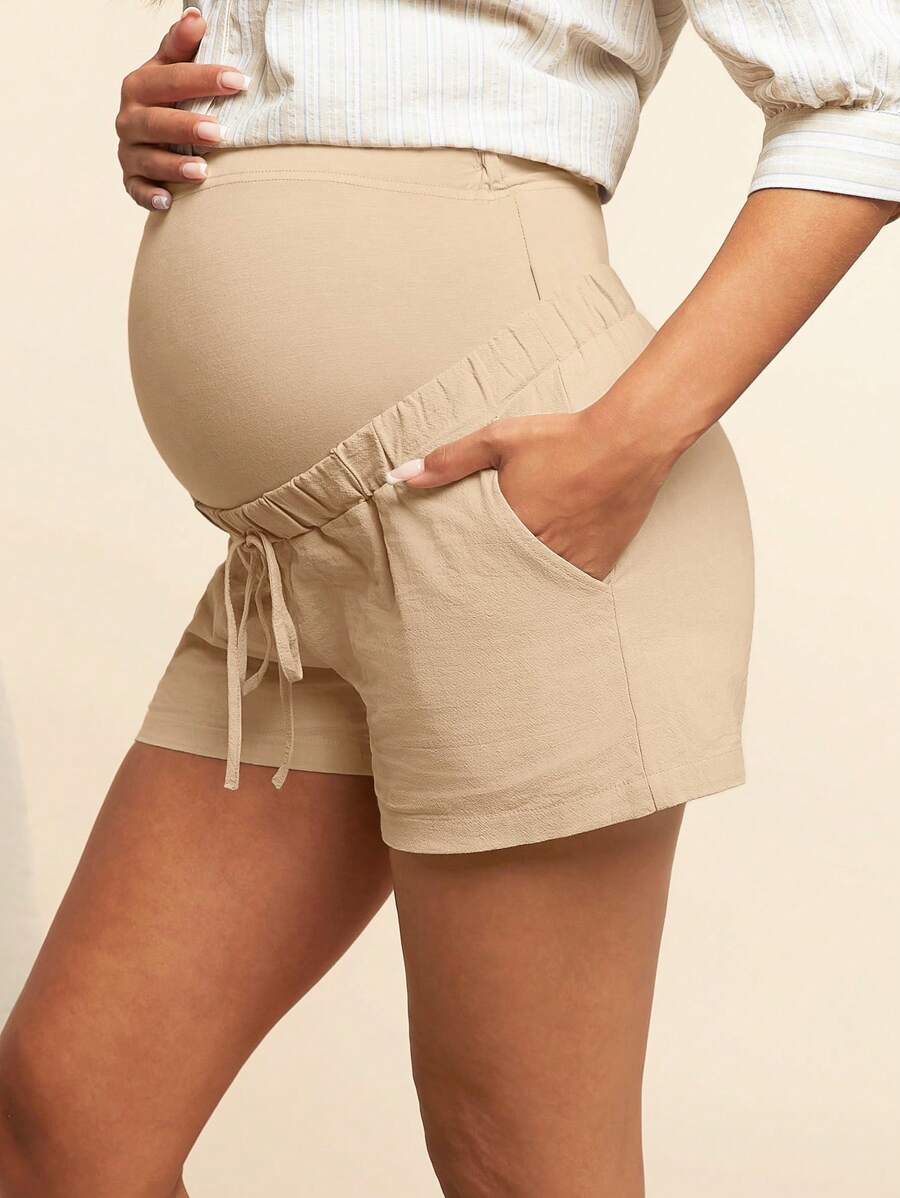 Navy Blue Striped Cotton Maternity Shorts with Pockets, High Waisted Summer Lounge Sleep Shorts with Drawstring and Elastic Waist