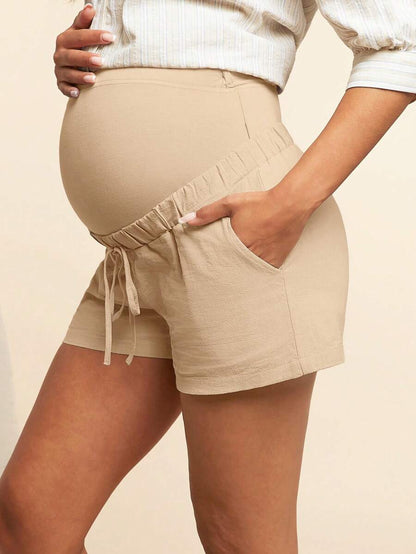 Maternity Casual Shorts - Colorblock, Adjustable Waist, Pocket, Baby Blue