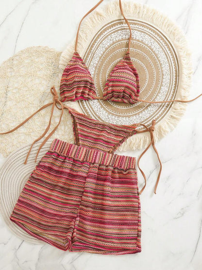 Women's 3-Piece Boho Crochet Bikini Set - Drawstring Cover-Up, Halter, Shorts, Royal Blue